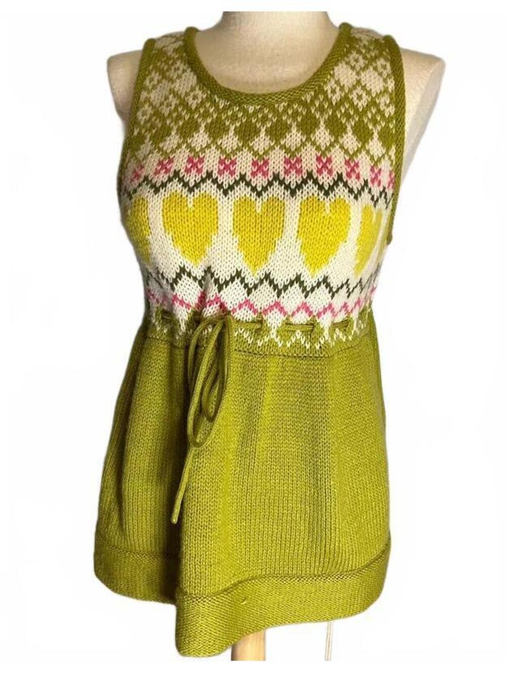 Citron green heart wool blend Cottagecore XXL sleeveless tank baby doll sweater